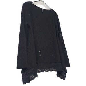Textured Black Knit Sweater w/ Sequins & Lace Trim